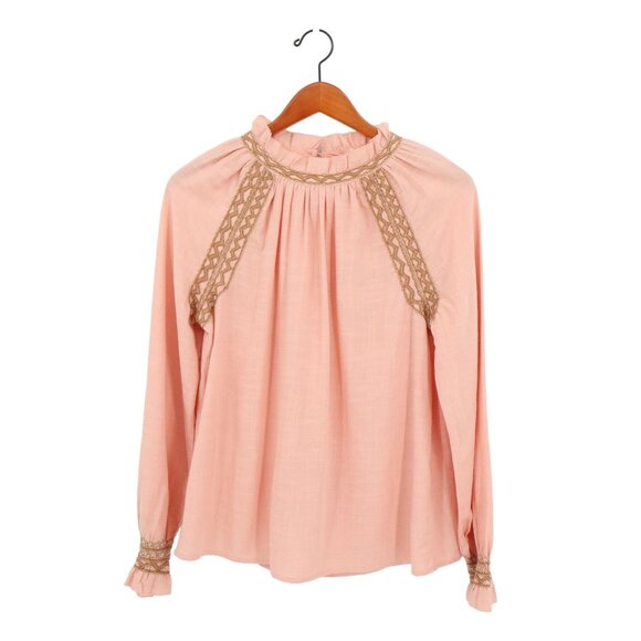 NWT Faherty Arles Dusty Pink Embroidered Ruffle Neck Peasant Blouse Top M - Picture 2 of 6